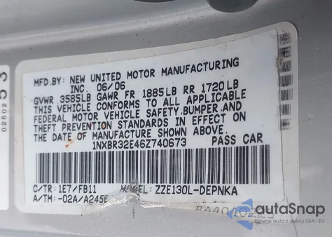 2006 Toyota Corolla Le из США, поврежденный, VIN 1NXBR32E46Z740673